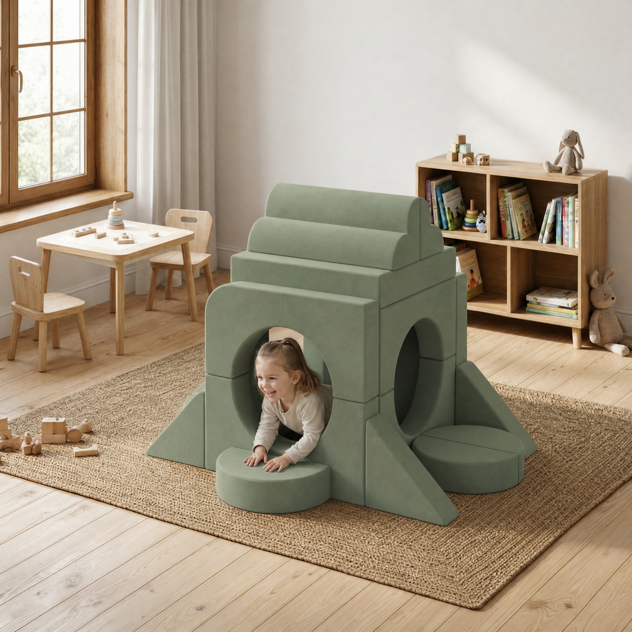 Child climbing and playing on modular foam play couch