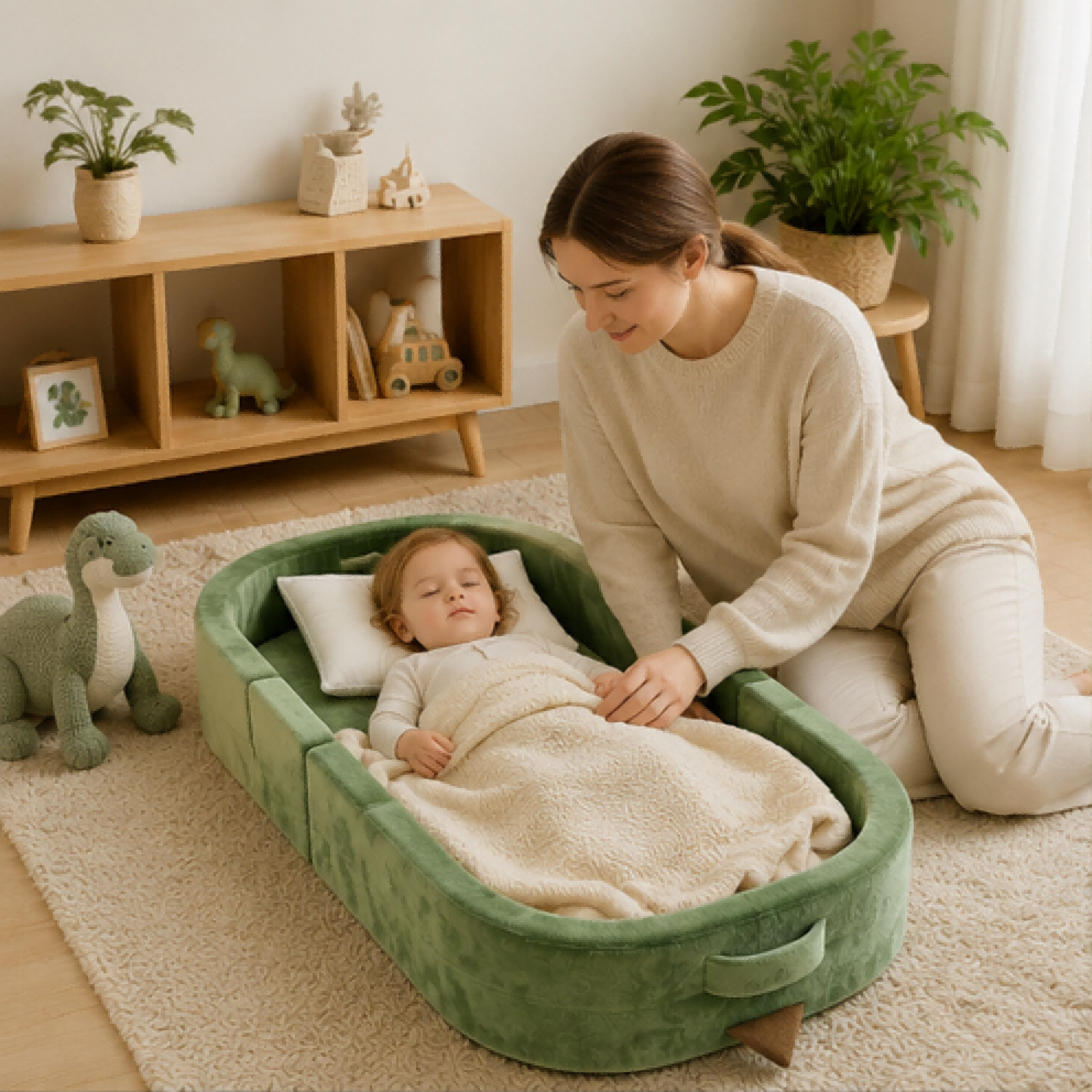 Dinosaur themed kids travel bed in modern bedroom lifestyle