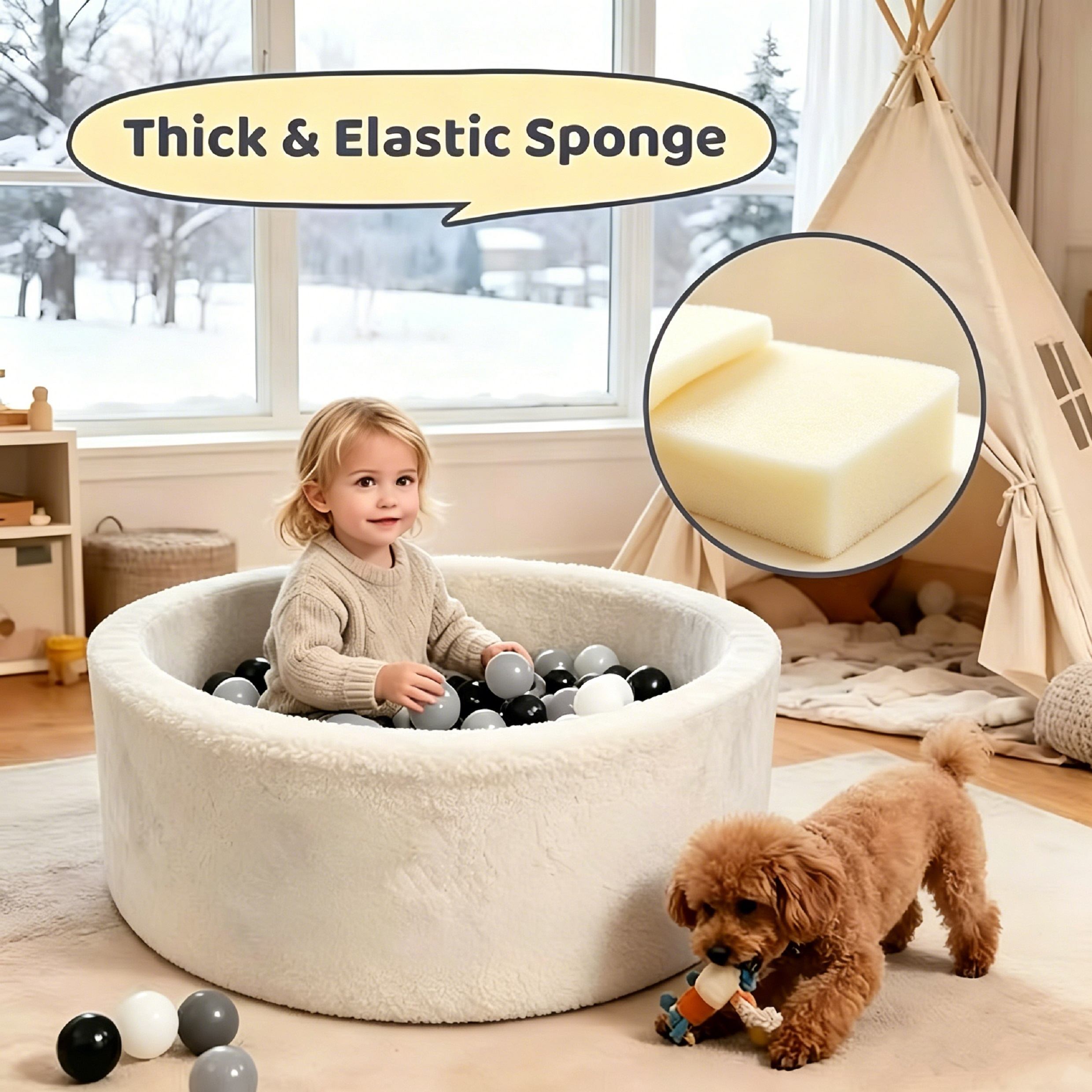 Cozy plush teddy foam ball pit for minimalist kids playroom
