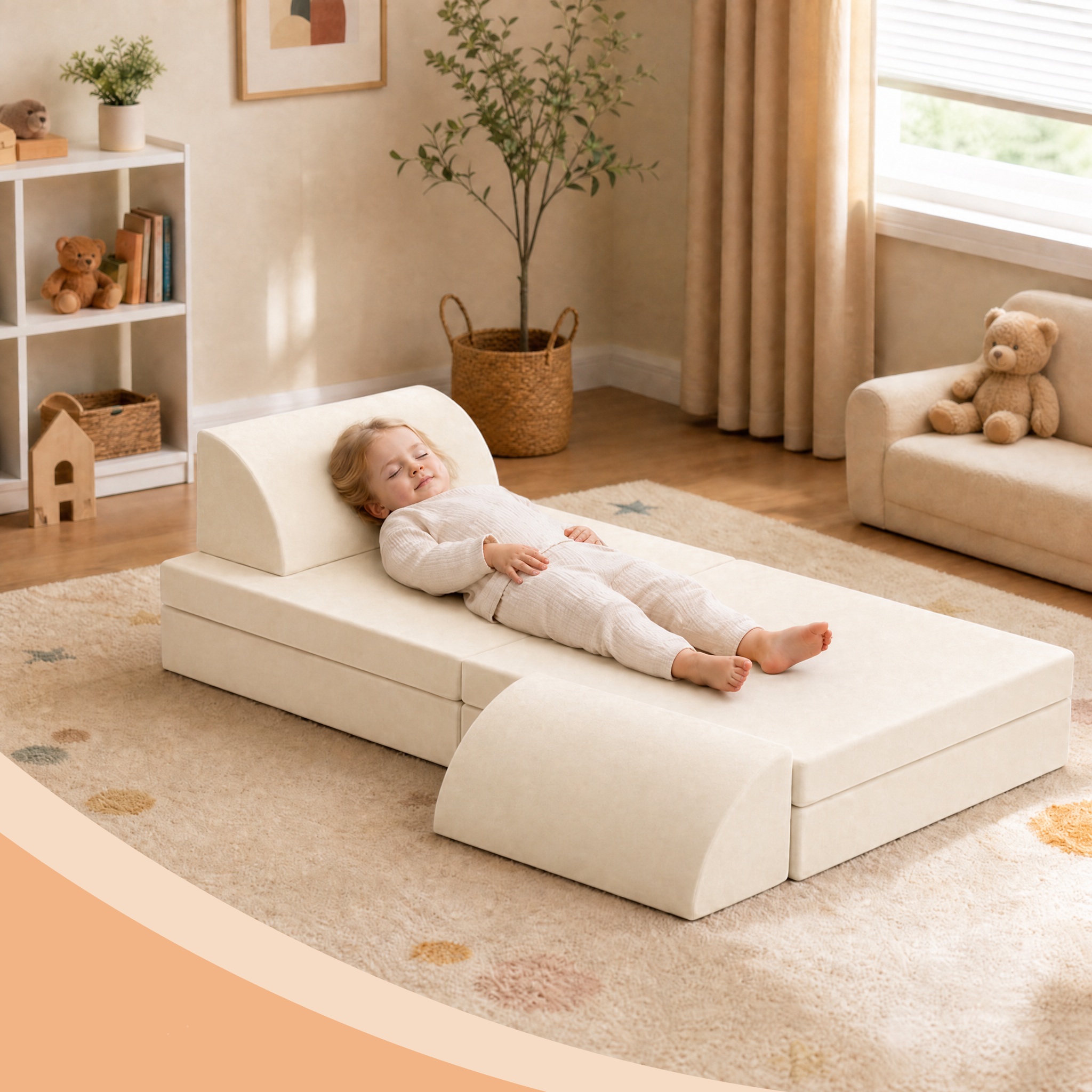 Kids building a play tent with 6PCS modular kids play couch in playroom