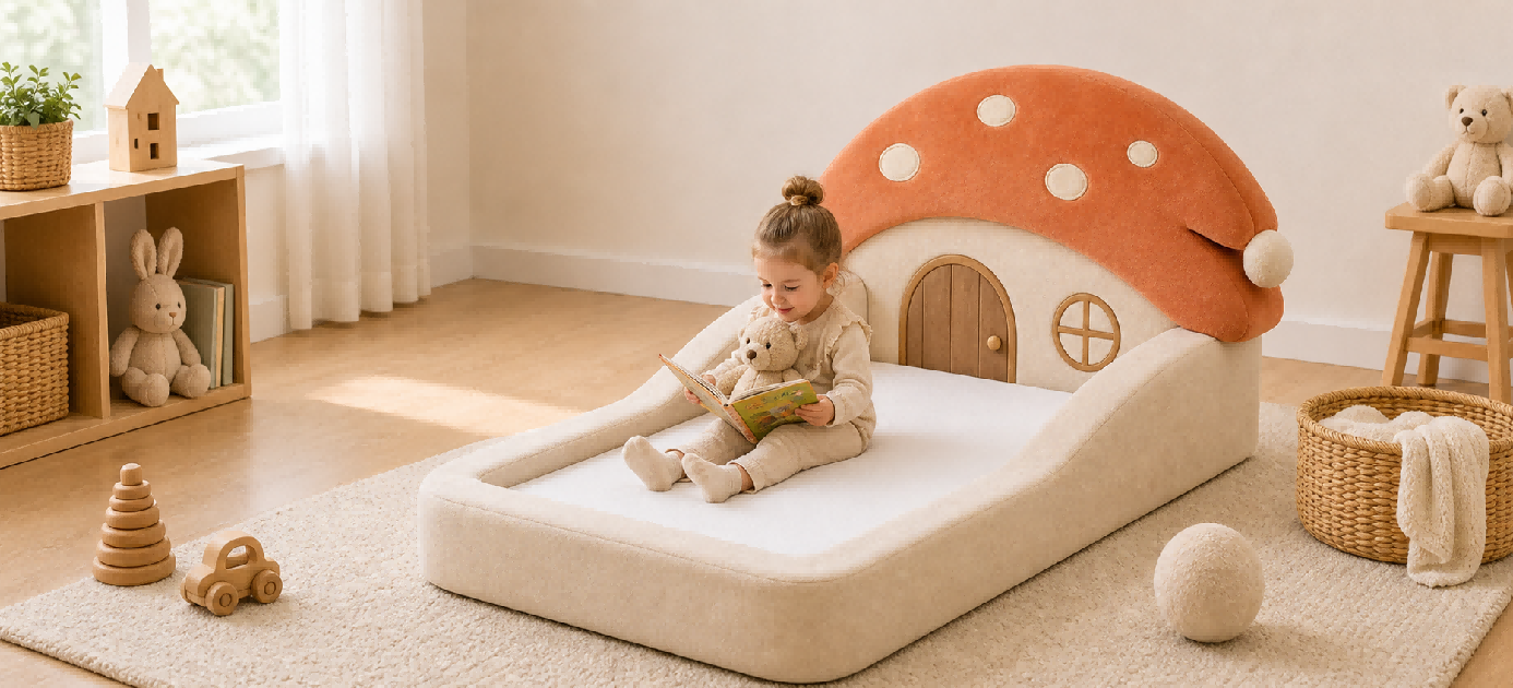 child relaxing on mushroom themed soft floor bed