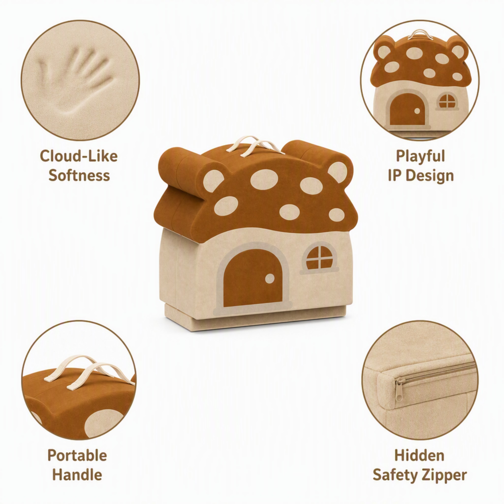 Soft foam mushroom travel bed with portable carry handles