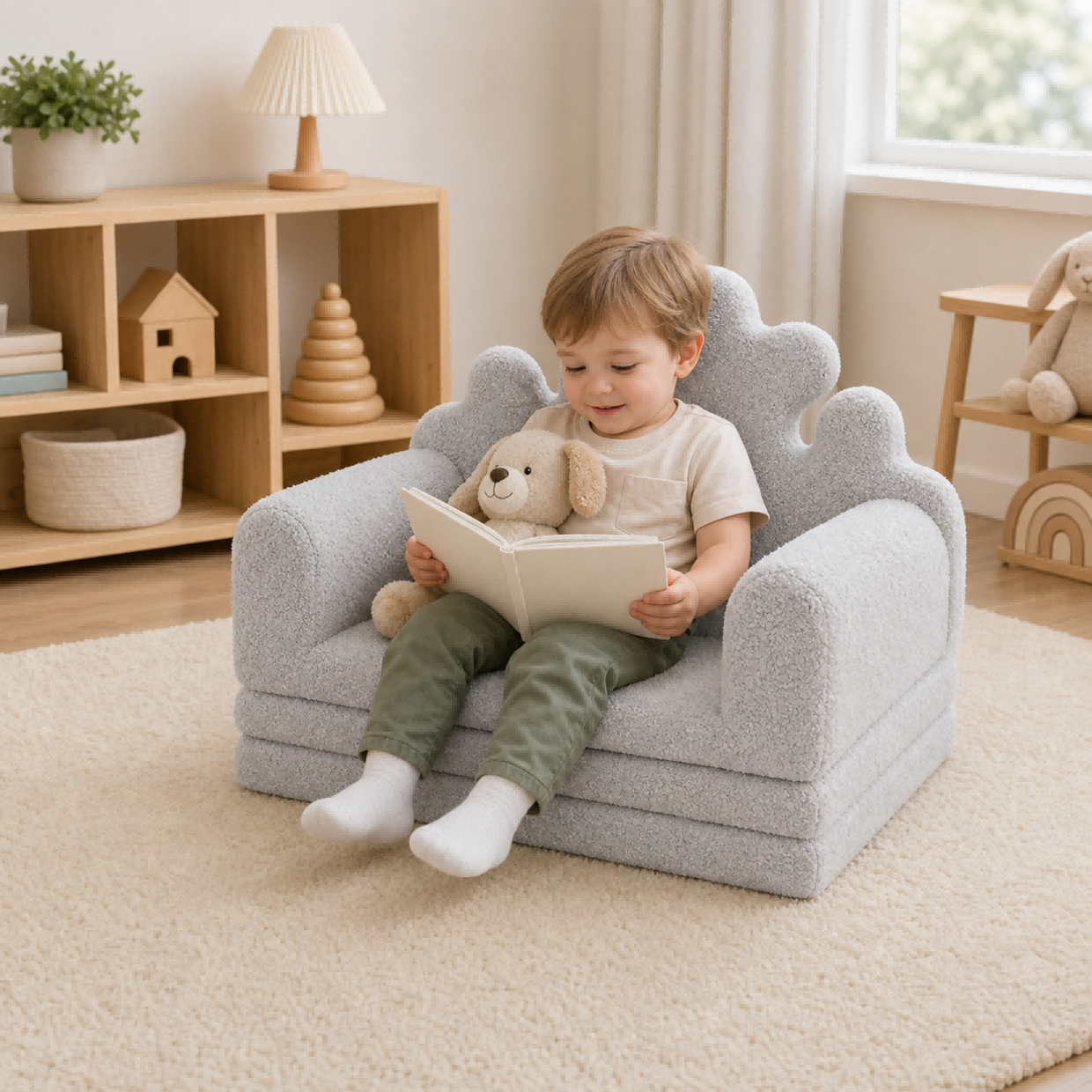 Toddler sitting on snowflake grey soft play sofa in home playroom