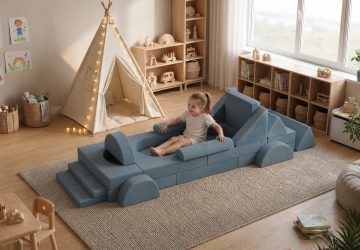 大凯沙发组合-2 Modular play couch arranged as fort and tunnel for toddler play